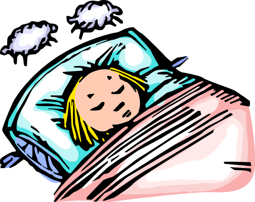 Vector Illustration of Little Girl Sleeping Asleep in Bed Counting Sheep at Night