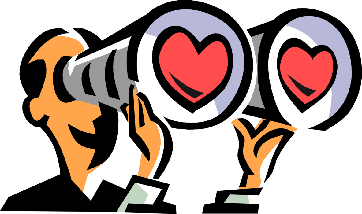 Vector Illustration of Romantic Amorous Man Looks Through Binoculars Sees Love Hearts