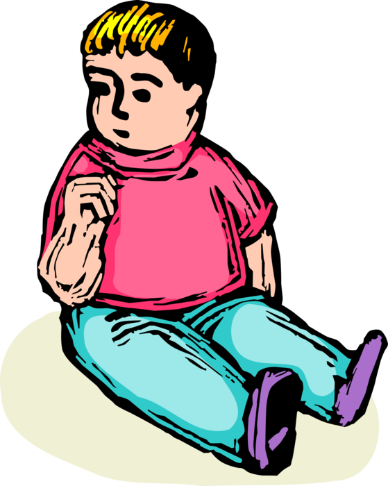 Vector Illustration of Child Sitting, Thinks About Sucking Thumb