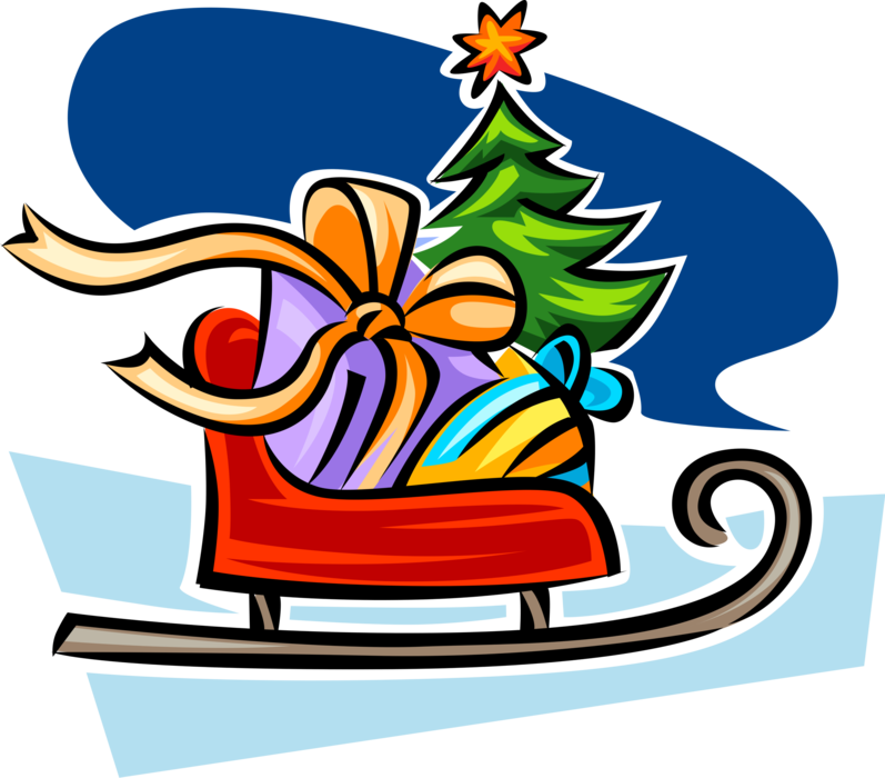 Vector Illustration of Santa Claus Christmas Sleigh with Gifts and Presents with Christmas Tree