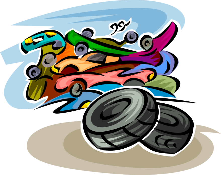 Vector Illustration of Vulcanized Rubber Tire and Automobile Car Wrecking Yard Scrapyard Junkyard