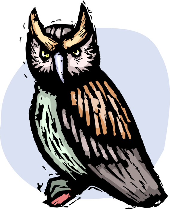 Vector Illustration of Wise Owl Bird Symbol of Wisdom and Knowledge with Fixed Gaze Stands on Tree Branch