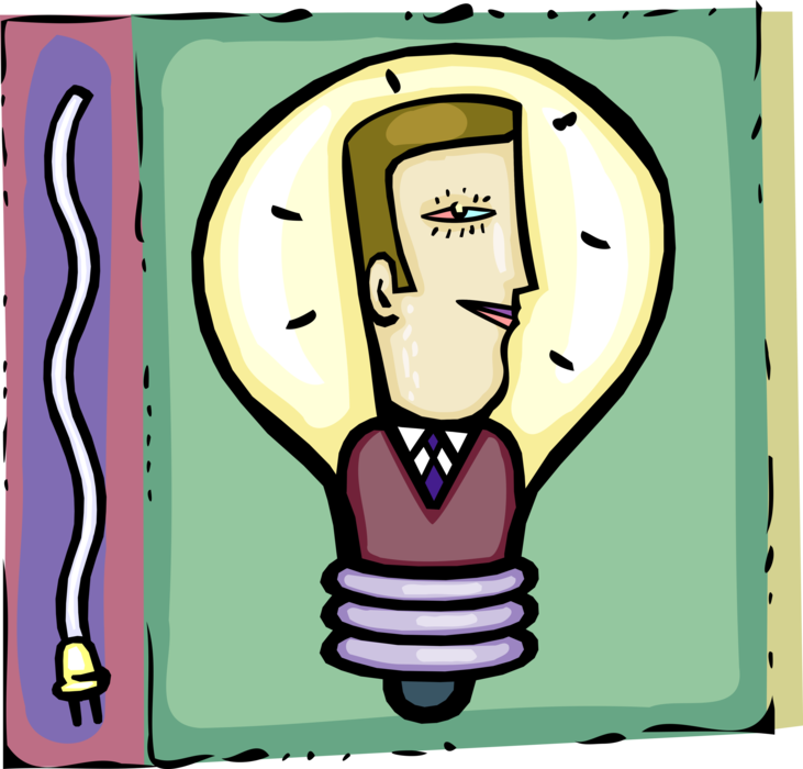 Vector Illustration of Businessman as Electric Light Bulb Symbol of Invention, Innovation, and Good Ideas