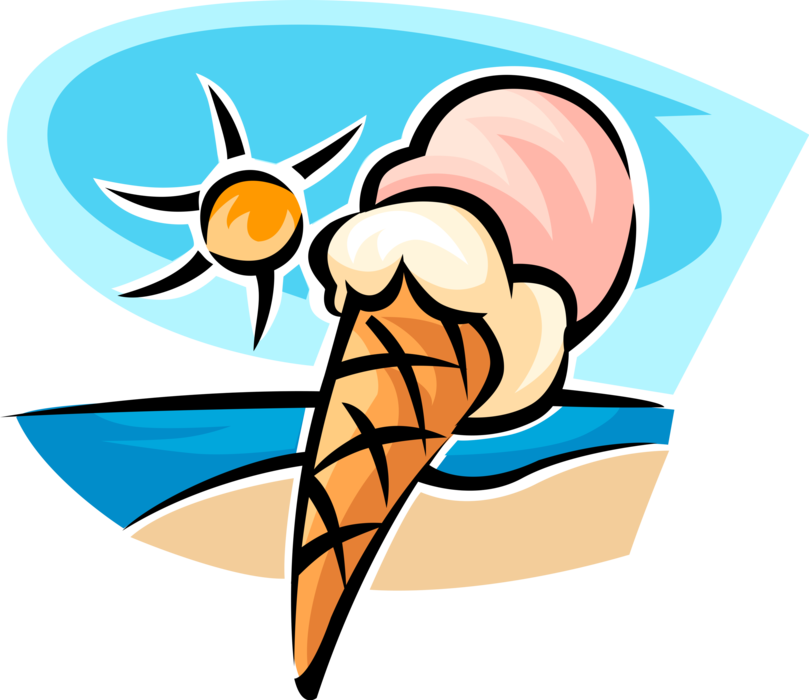 Vector Illustration of Gelato Ice Cream Cone Food Snack or Dessert on Beach with Ocean and Sun