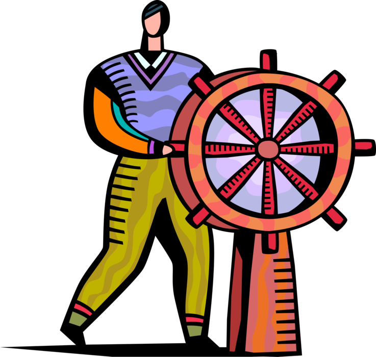 Vector Illustration of Businessman Ship Captain Steers Ship's Helm Wheel or Boat's Wheel to Change Course