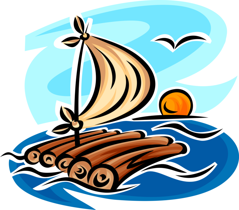 Vector Illustration of Shipwrecked Castaway Homemade Raft With Lashed Bamboo Trees and Sail on Ocean Waves