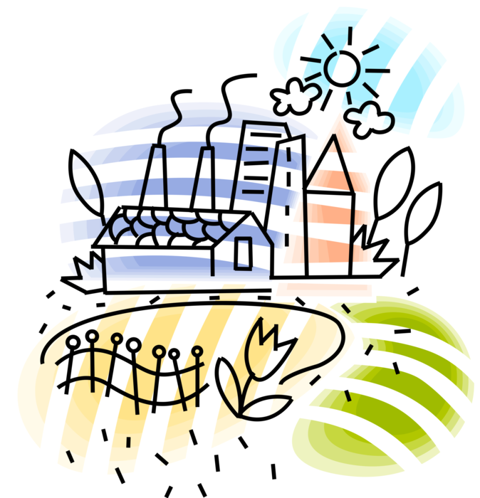 Vector Illustration of Rural Farm in Countryside with Barn and Silo in Summer Sun