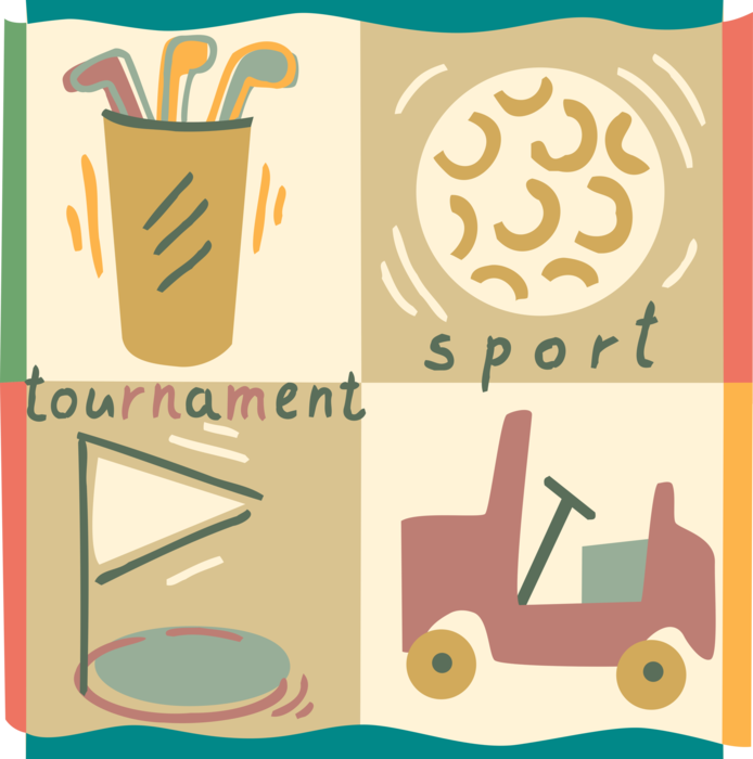 Vector Illustration of Game of Golf with Tournament Clubs, Electric Golf Cart and Ball