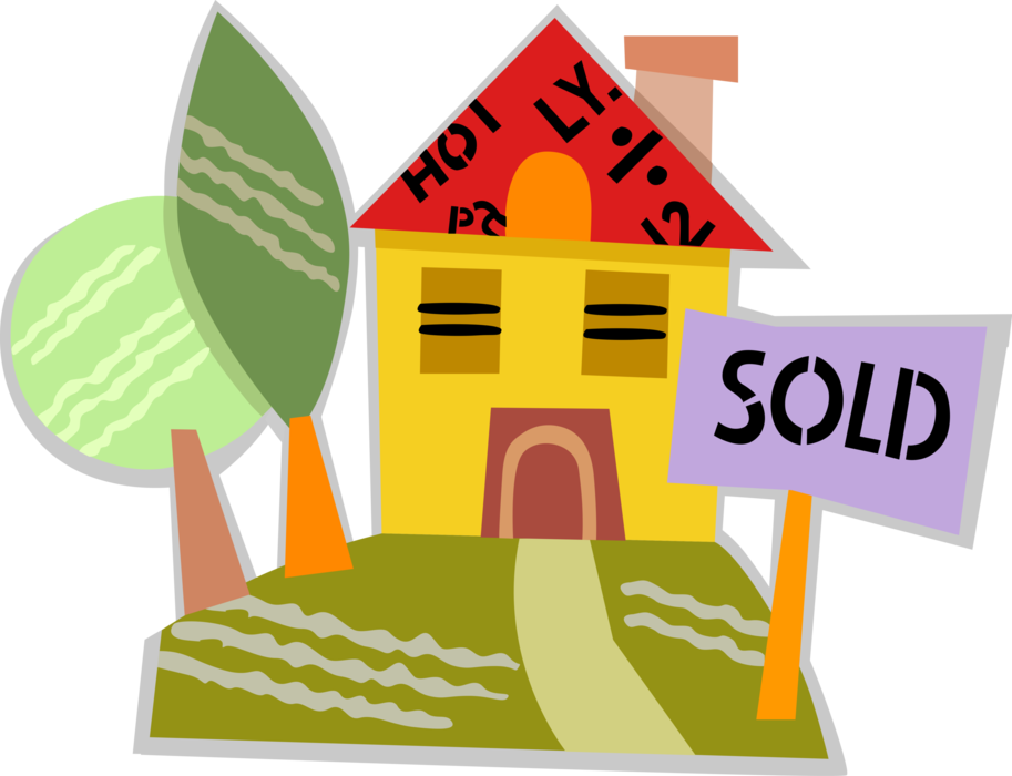 Vector Illustration of Family Home Residence House with Real Estate Sold Sign on Lawn