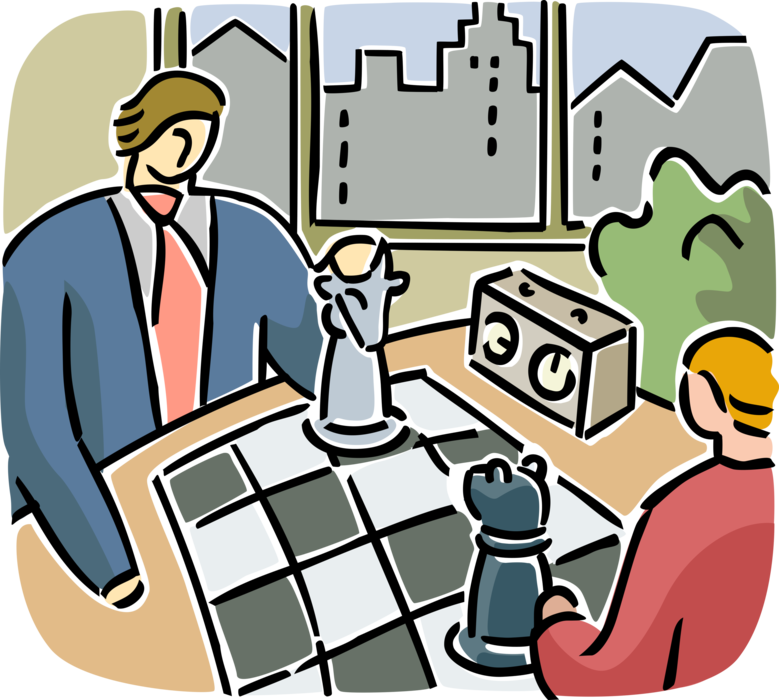 Vector Illustration of Wall Street Investors Play Strategic Game of Chess with Bull and Bear Stock Market Chess Pieces