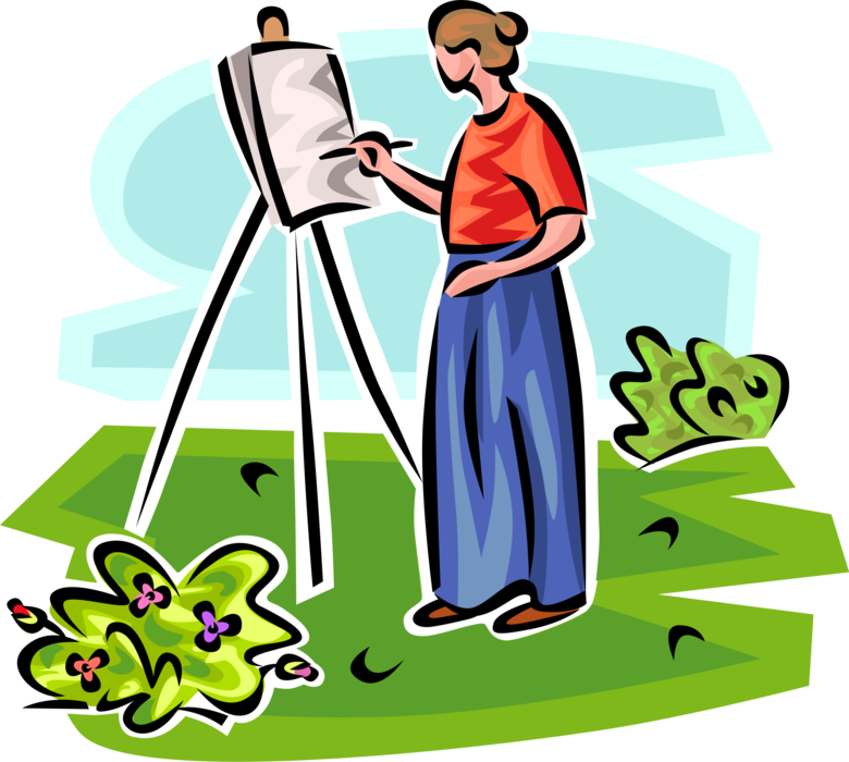 Vector Illustration of Visual Arts Artist Drawing Artwork Picture on Easel Outdoors