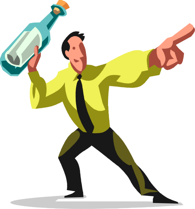 Vector Illustration of Businessman Throws Message in Bottle Form of Communication into Ocean