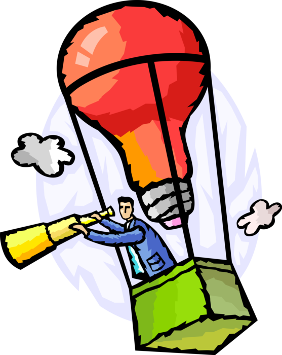Vector Illustration of Innovative Businessman Flies in Hot Air Balloon Electric Light Bulb Symbol of Invention, Innovation, and Good Ideas