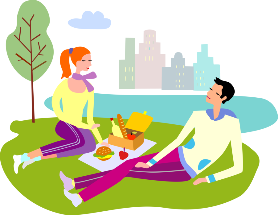 Vector Illustration of Couple Enjoy Outdoor Picnic Meal at Picnic Table in City Park