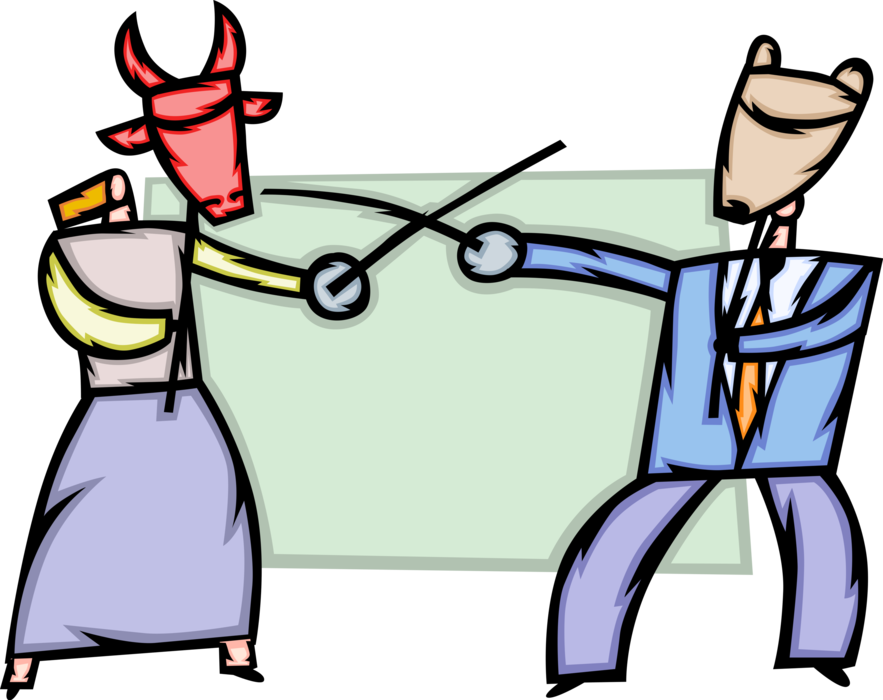 Vector Illustration of Business Colleagues Fencing with Swords as Stock Market Bull and Bear Symbols