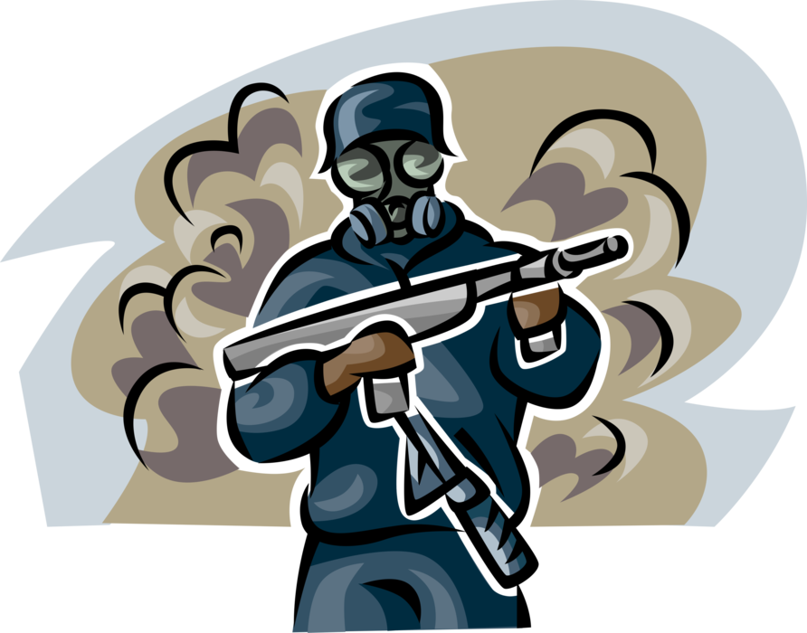 Vector Illustration of Heavily Armed United States Navy Seal Conducts Special Operations Wearing Gas Mask