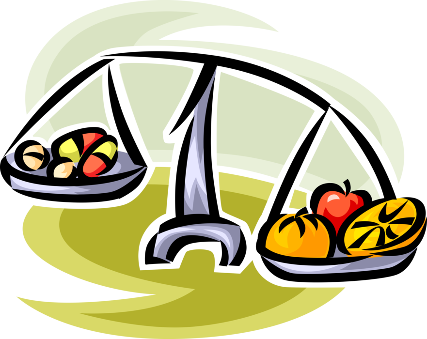 Vector Illustration of Value of Fresh Fruit and Vegetables Versus Vitamin Supplements on Food Weigh Scale