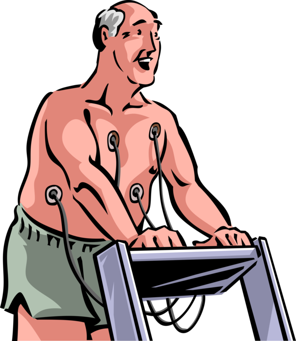 Vector Illustration of Heart Monitoring EKG Stress Test with Elderly Senior Citizen Patient Running on Treadmill