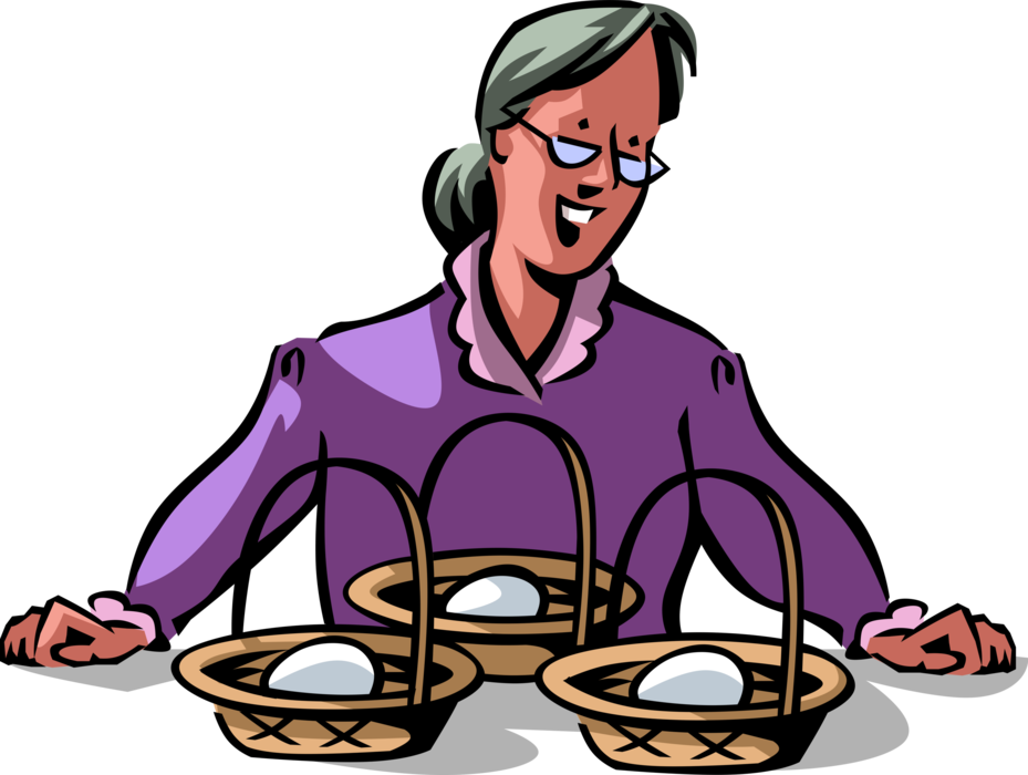 Vector Illustration of Diversified Smart Businesswoman Doesn't Put All Her Eggs in One Basket