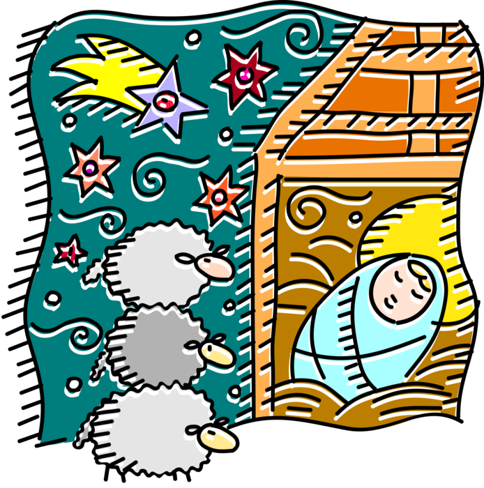 Vector Illustration of Christ Child Baby Jesus Sleeps in Manger on Christmas with Sheep Keeping Watch