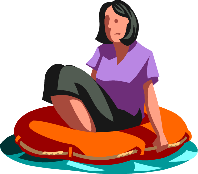 Vector Illustration of Shipwrecked Businesswoman Floating in Inflatable Rubber Dinghy Boat Watercraft Awaiting Rescue