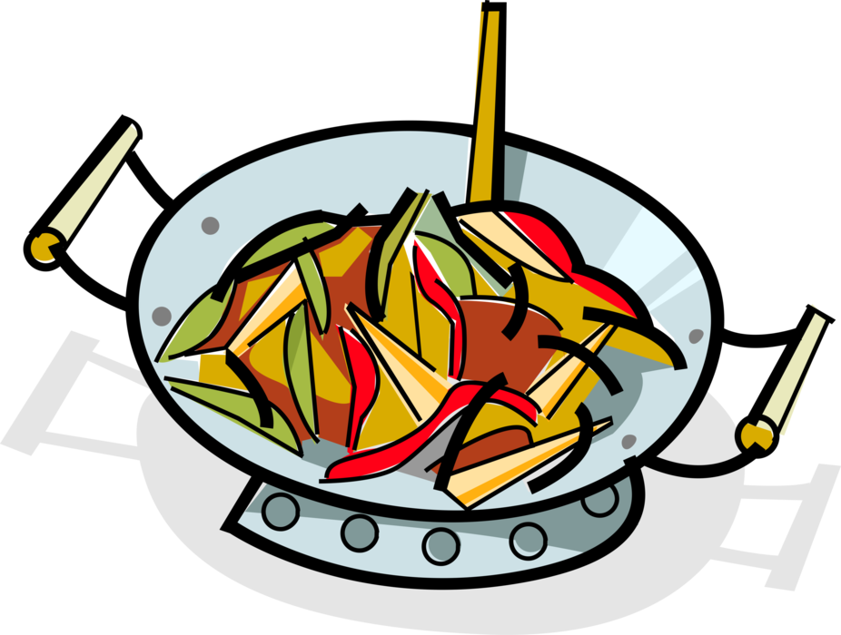 Vector Illustration of Chinese Cuisine Asian Stir-Fry Cooking in Wok Frying Pan
