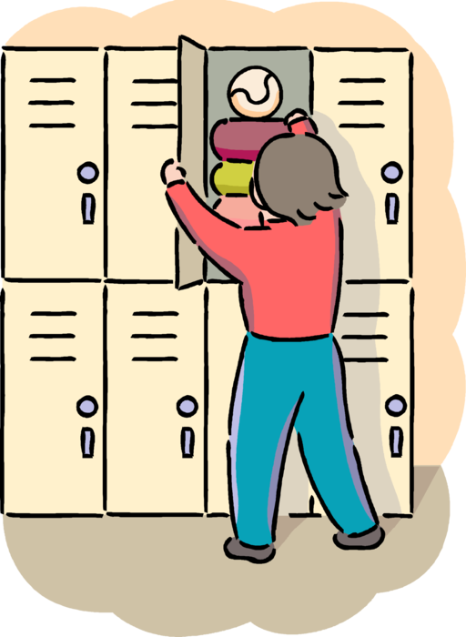 Vector Illustration of High School Student Retrieves Schoolbook Textbook and Work Assignments from Locker