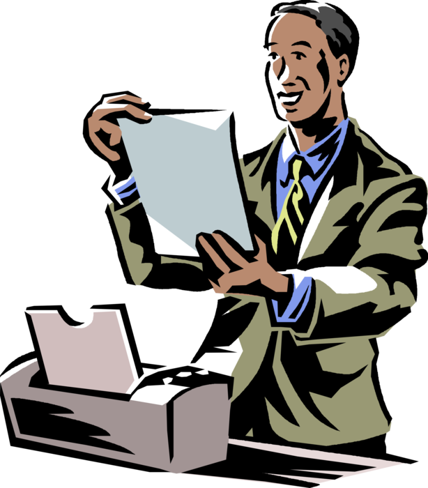Vector Illustration of Businessman Reviews Computer Printout Document at Printer