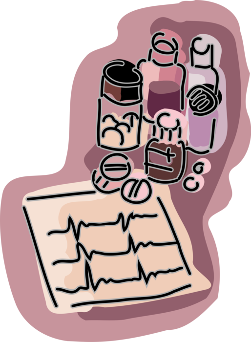 Vector Illustration of ECG Electrocardiogram Heart Rhythm Monitor Readout with Prescription Medication Drugs and Pill Medicine