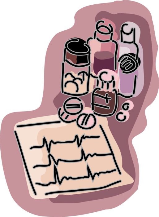 Vector Illustration of ECG Electrocardiogram Heart Rhythm Monitor Readout with Prescription Medication Drugs and Pill Medicine