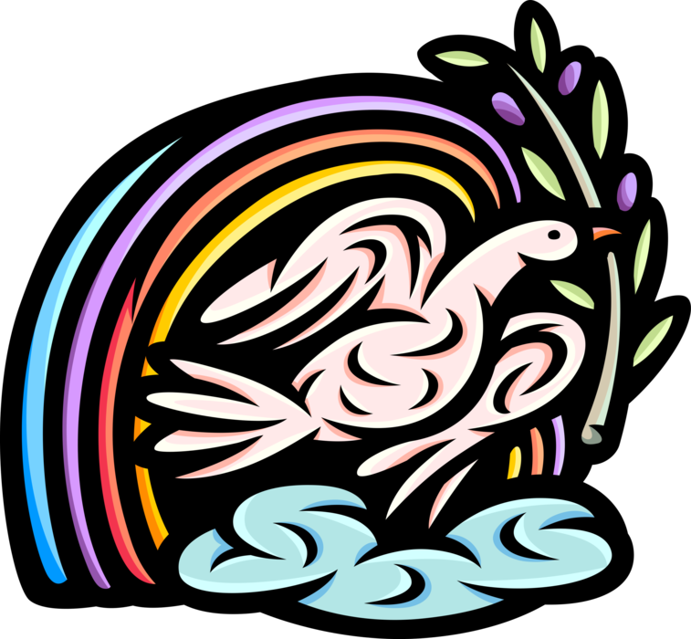 Vector Illustration of Dove of Peace Bird with Olive Branch, Noah's Ark Rainbow After Biblical Story Flood