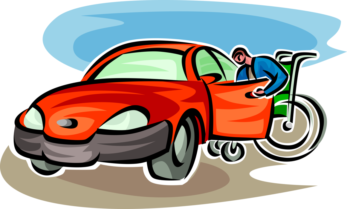 Vector Illustration of Car Motorist Driver in Handicapped or Disabled Wheelchair Gets into Automobile Motor Vehicle