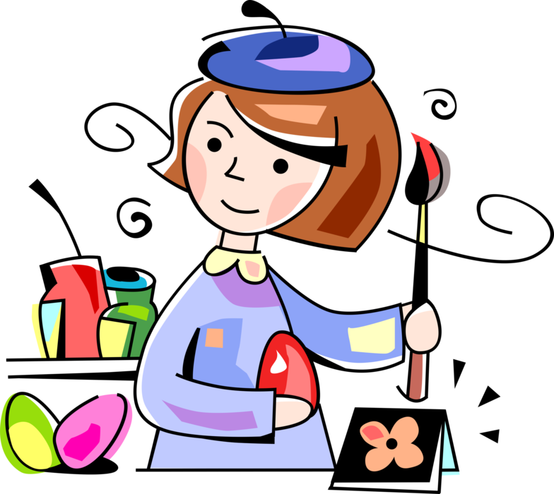 Vector Illustration of Visual Arts Young Artist Girl Paints Colored Easter Eggs with Paintbrush