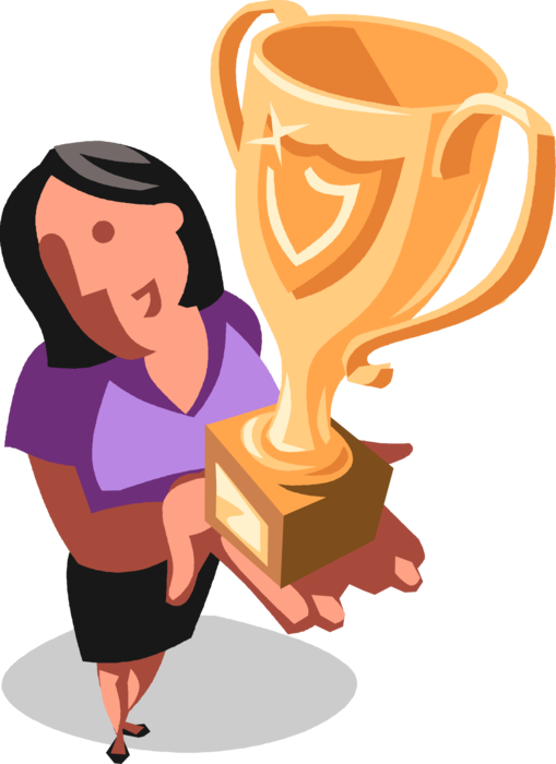 Vector Illustration of Businesswoman Acknowledged for Outstanding Achievement with Winner's Trophy Award Cup