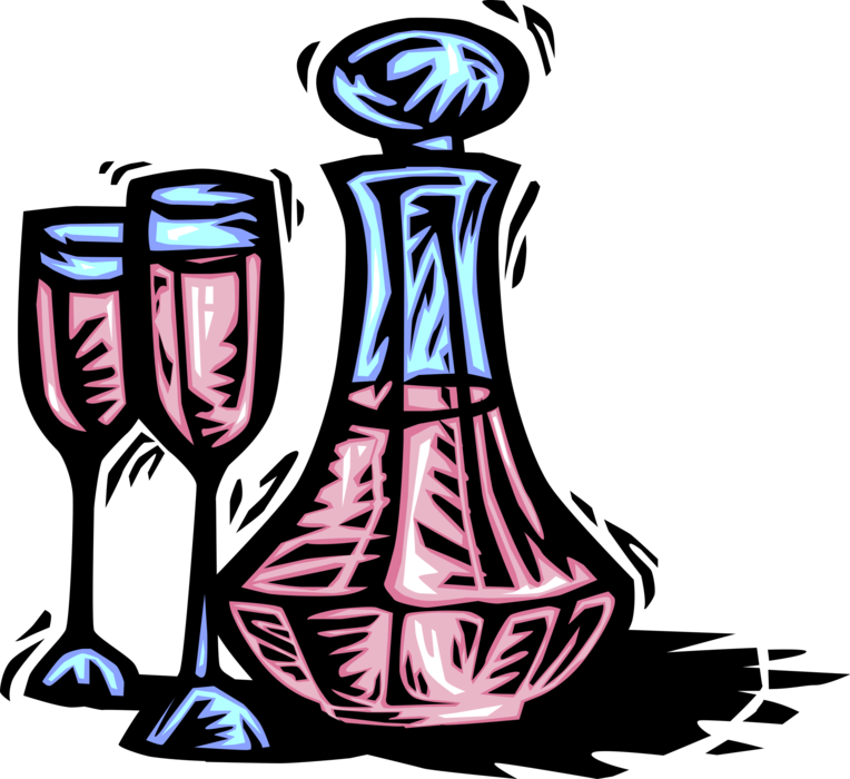 Vector Illustration of Wine Decanter Serving Vessel for Wine and Allow Wine to "Breathe" with Wine Glasses
