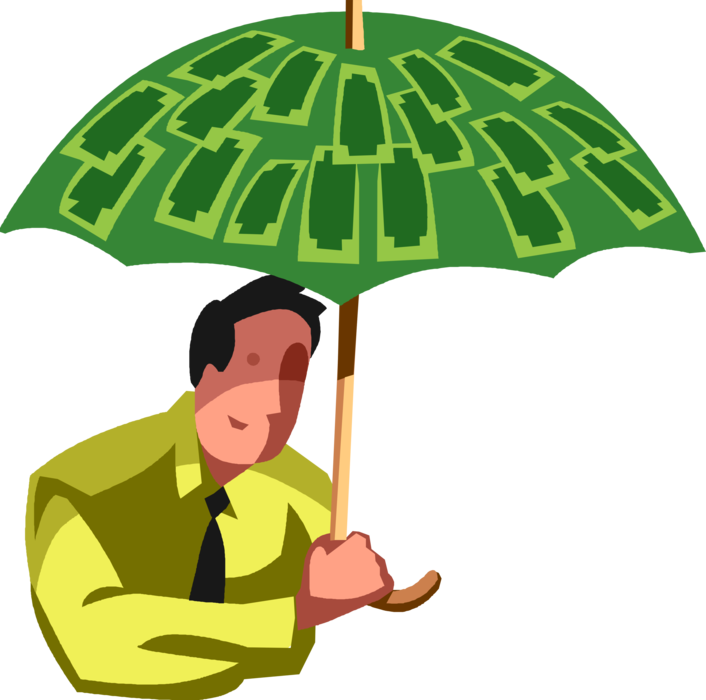 Vector Illustration of Businessman with Financial Risk Insurance Cash Money Dollar Umbrella Protection