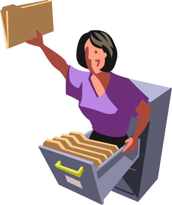 Vector Illustration of Businesswoman Finds Business Project File in Office Filing Cabinet