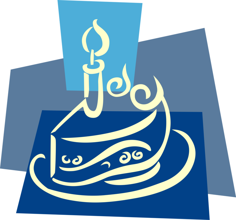 Vector Illustration of Slice of Birthday Cake with Lit Candle