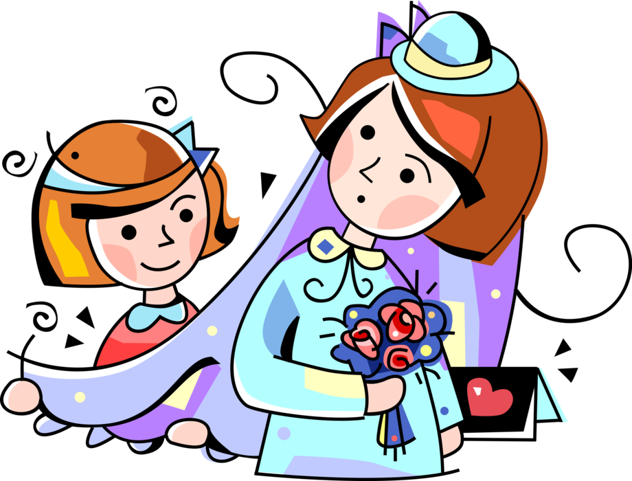 Vector Illustration of Wedding Day Bride in Bridal Gown with Floral Bouquet and Bridesmaid with Veil at Marriage Ceremony