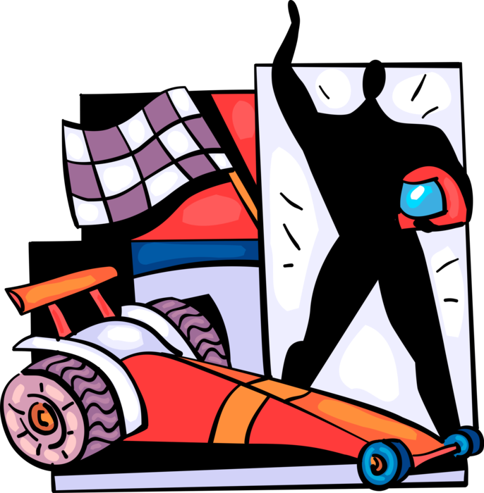 Vector Illustration of Motor Race Car Motorist Driver with Checkered or Chequered Flag at Finish Line with Drag Racer