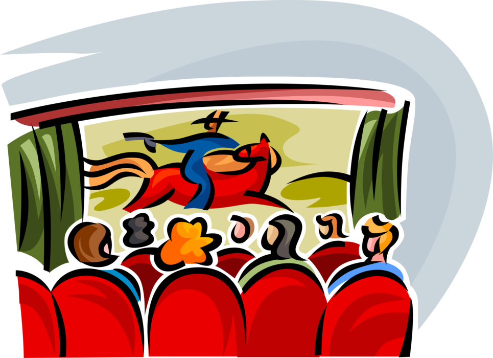 Vector Illustration of Cinema Movie Theatre or Theater Screen with Audience Watching Film