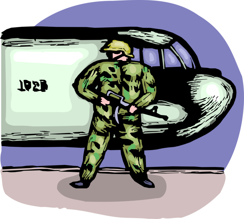 Vector Illustration of Heavily Armed United States Military Soldier Guards Aircraft at Military Airbase