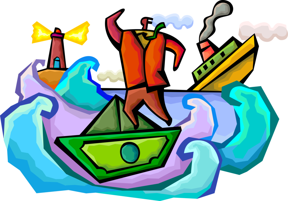 Vector Illustration of Businessman Mariner Navigates Turbulent Financial Waters with Sinking Ship and Cash Money Sailboat