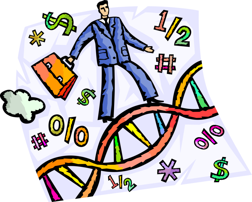 Vector Illustration of Businessman Exploits Business Opportunities in Genetic Engineering with DNA Molecule