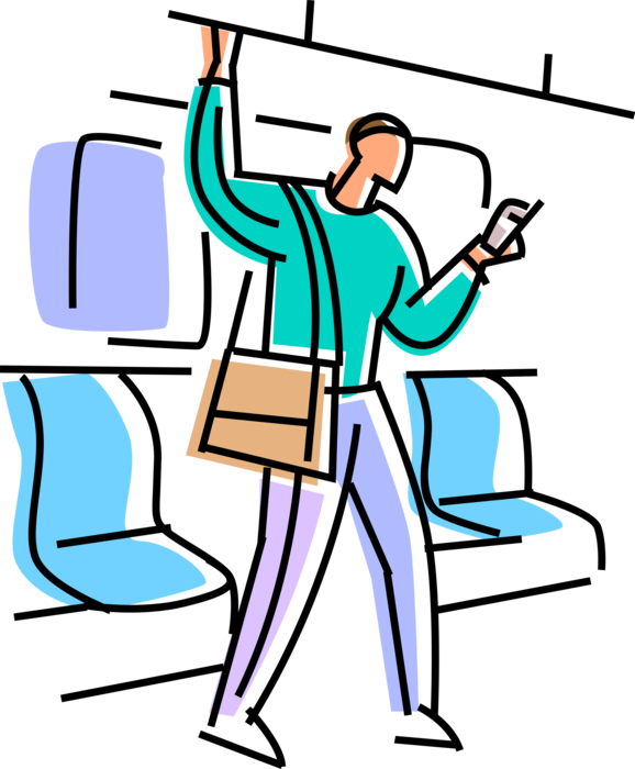Vector Illustration of Commuter Passenger Rides Subway to Work Responding to Email on Mobile Cell Phone Telephone