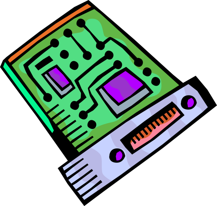 Vector Illustration of Personal Computer Printed Circuit Board Adapter Card Inserted in Expansion Slot on PC