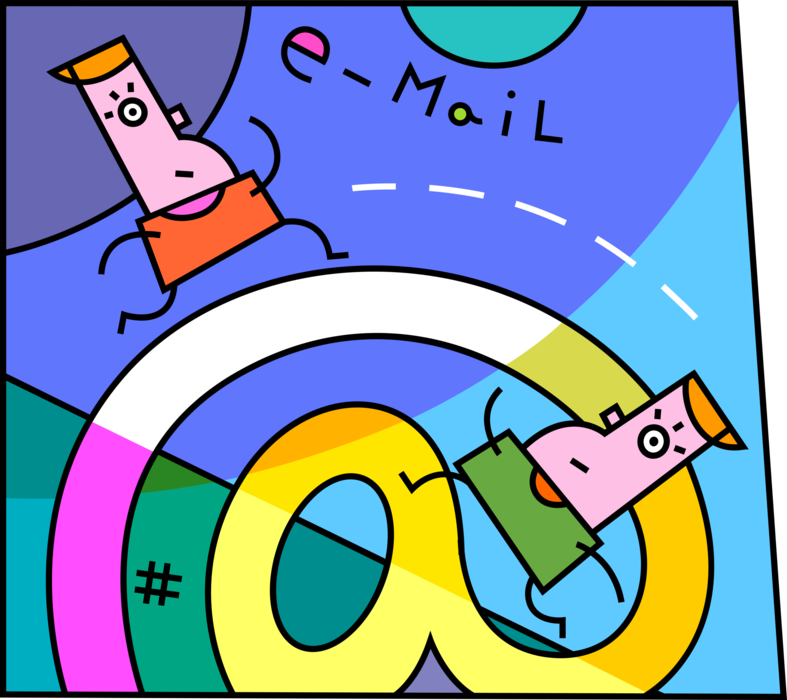 Vector Illustration of Sending and Receiving Incoming and Outgoing Electronic Email Correspondence with @ Sign