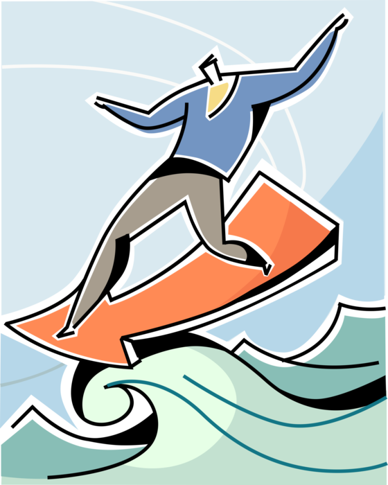 Vector Illustration of Businessman Rides Corporate Direction Arrow Surfboard on Ocean Wave of Progress and Success