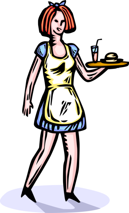 Vector Illustration of Fast Food Restaurant Waitress with Food Tray Hamburger and Beverage Drink