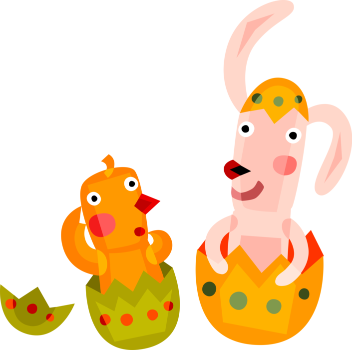 Vector Illustration of Pascha Easter Bunny Rabbit and Yellow Chick Bird Hatch from Easter Eggs